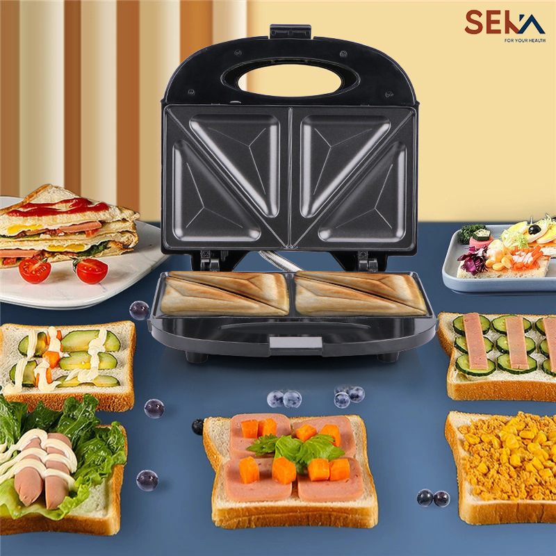 Máy nướng bánh mì kẹp, chiên trứng, hotdog, xúc xích Seka dễ sử dụng và vệ sinh sau khi dùng, vỏ ngoài bọc nhựa chống nóng, thiết kế hiện đại sang trọng, có rơ le chống cháy