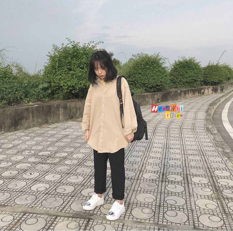 Sơ Mi Trơn Dáng Rộng Basic Unisex Tay Dài Màu Tan - MM