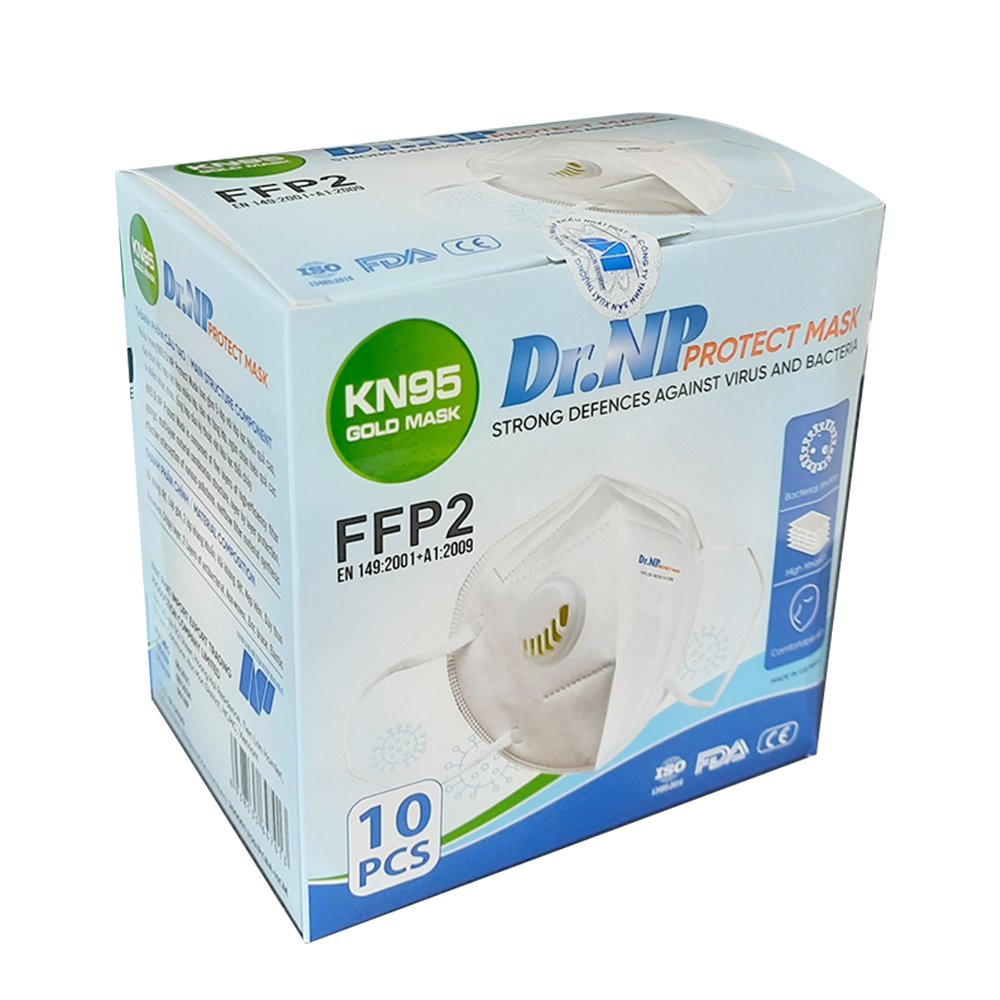 Khẩu Trang N95 Dr NP, Tiêu chuẩn 5 lớp lọc đạt chuẩn KN95 / FFP2, kháng Khuẩn, Chống Bụi Siêu Mịn PM2.5, Màu Trắng - Một Hộp Gồm 10 Cái, Đạt Các Chứng Chỉ ISO 13485, CE, FDA.