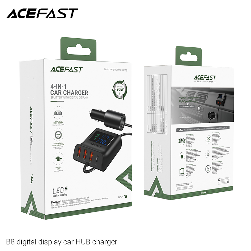 Sạc Hub ô tô Acefast 90W 4 cổng 3xUSB-A + USB-C có đèn hiển thị - B8 Hàng chính hãng Acefast