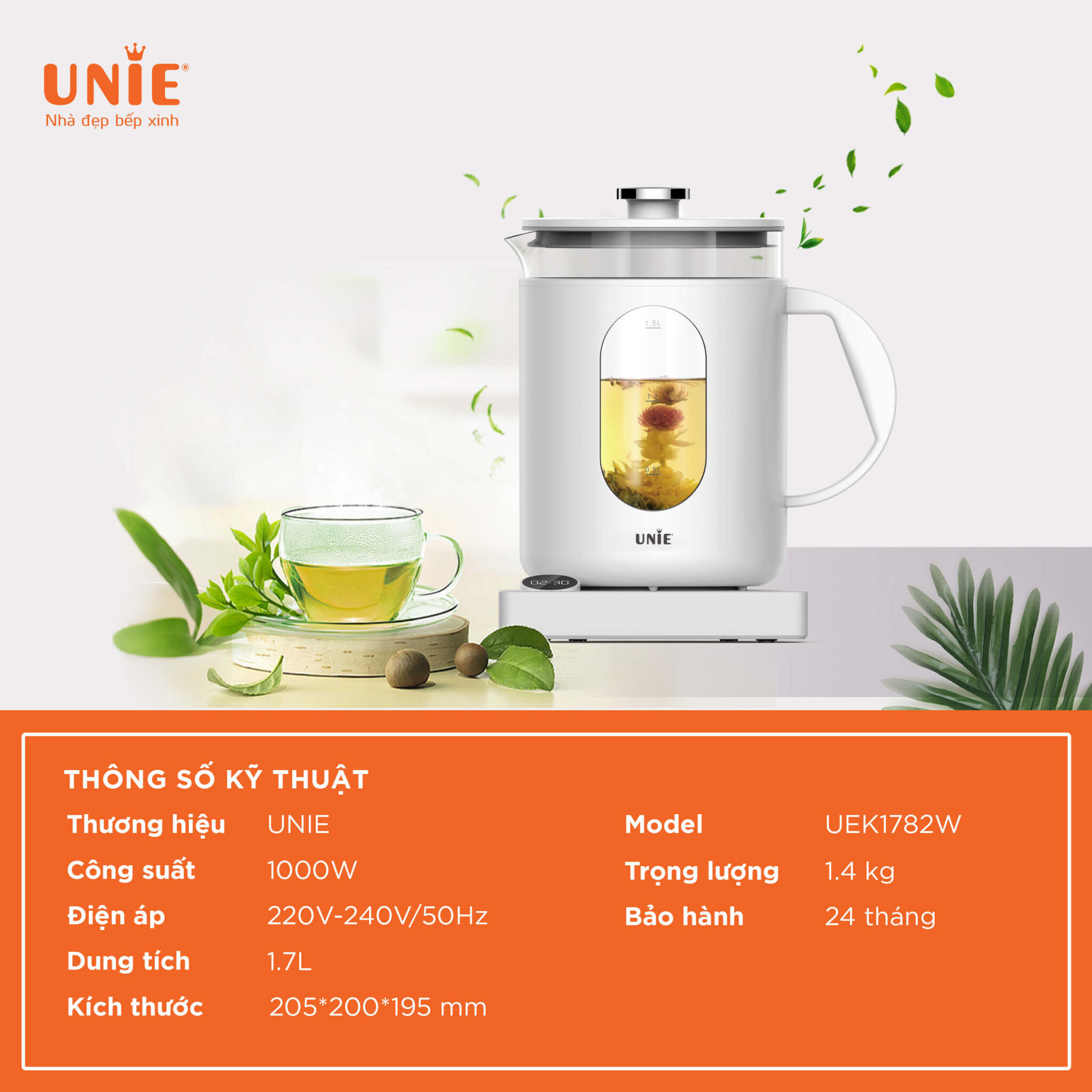 Ấm Siêu Tốc Đa Năng Cao Cấp Unie UEK1782W Sang Trọng Tiêu Chuẩn Đức - 6 Chức Năng Nấu Pha Dung Tích 1.7 Lít Công Suất 1000 W  - Hàng Chính Hãng