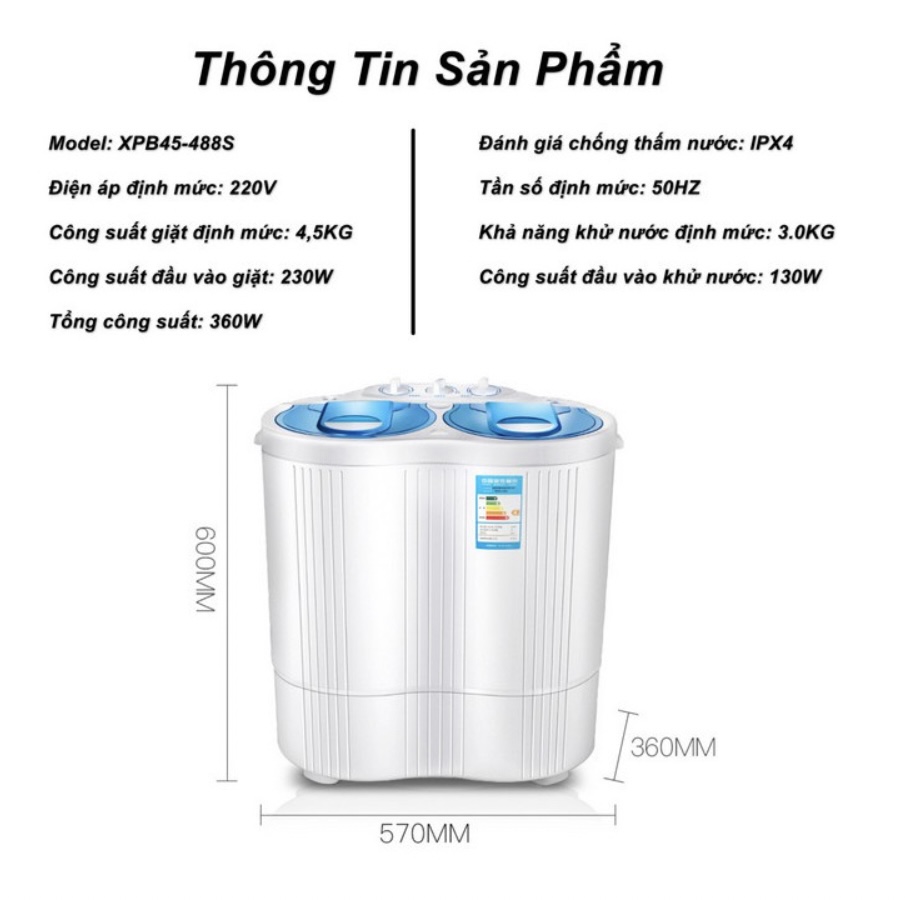 Máy Giặt Mini 2 Lồng 4,5kg có chức năng vắt khô