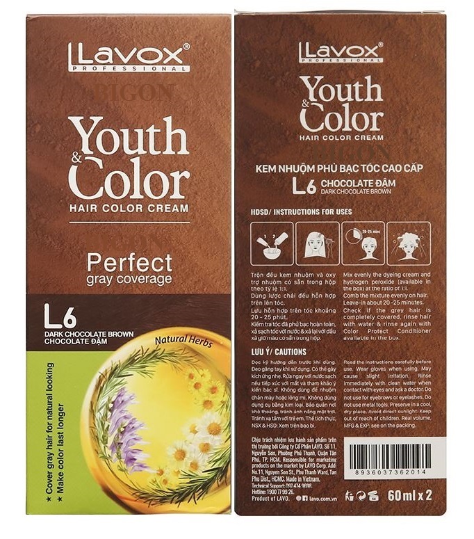 (Nâu Chocolate Đậm) Kem Nhuộm Dưỡng Tóc Phủ Bạc Lavox Youth&Color L6 - Màu Nâu Chocolate Đậm