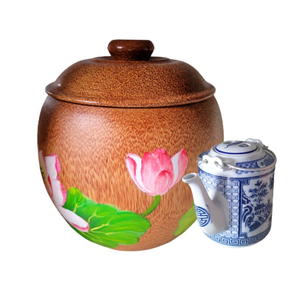 Bình Trà Gỗ Dừa Gọn Đẹp Hoa Văn Hoa Mai, Hoa Đào, Hoa Sen Và Bình Trà 700 - 950ml  - Sản Phẩm Được Sản Xuất Tại Bến Tre