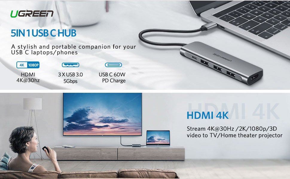 HUB Chuyển USB Type-C Ra HDMI / USB 3.0 / Sạc Type-C Cao Cấp UGREEN 50209 - Hàng chính hãng