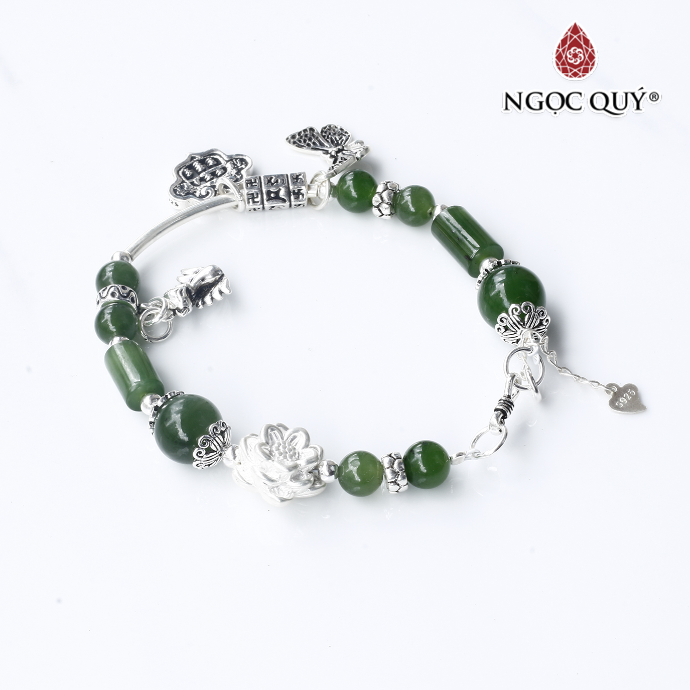Vòng ngọc bích phối charm bạc mệnh hỏa, thổ - Ngọc Quý Gemstones