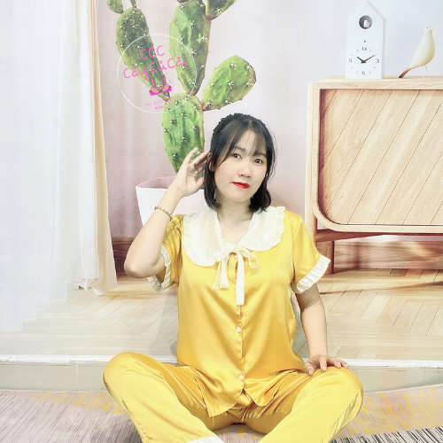 Bộ đồ ngủ pyjama cộc tay quần dài cố phối nơ, bộ pijama chất liệu phi lụa thấm hút mồ hôi CCC24