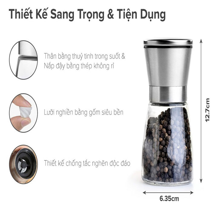 Máy Xay Tiêu Cầm Tay Thủy Tinh - Dụng Cụ Cối Xay Tiêu Nắp Inox Vặn Tay Nhỏ Gọn Tiện Dụng - Hàng Loại 1 - Chính Hãng MINIIN