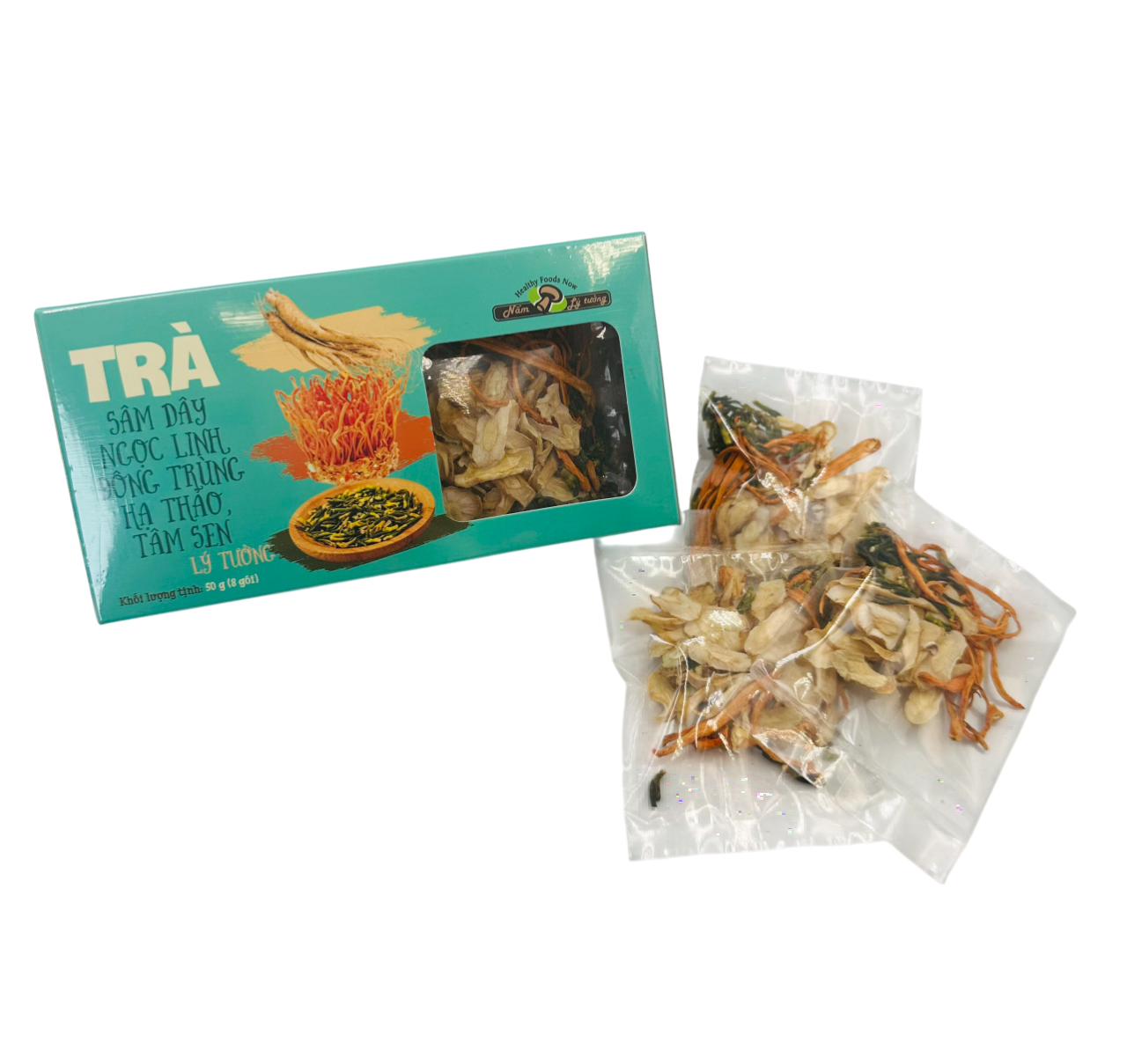 Trà Sâm Dây Ngọc Linh, Đông Trùng Hạ Thảo, Tâm Sen 55g, Hộp Trà Gồm 8 Gói Nhỏ