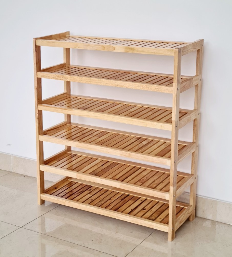 Kệ Giày Gỗ Cao Su 6 Tầng Ngang 83cm Nan Nghiêng - Hàng VN Xuất Khẩu