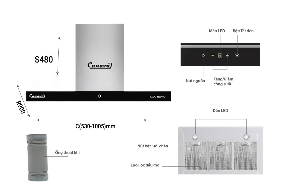 Máy hút mùi kính phẳng CANAVAL CA8290 - Hàng nhập khẩu