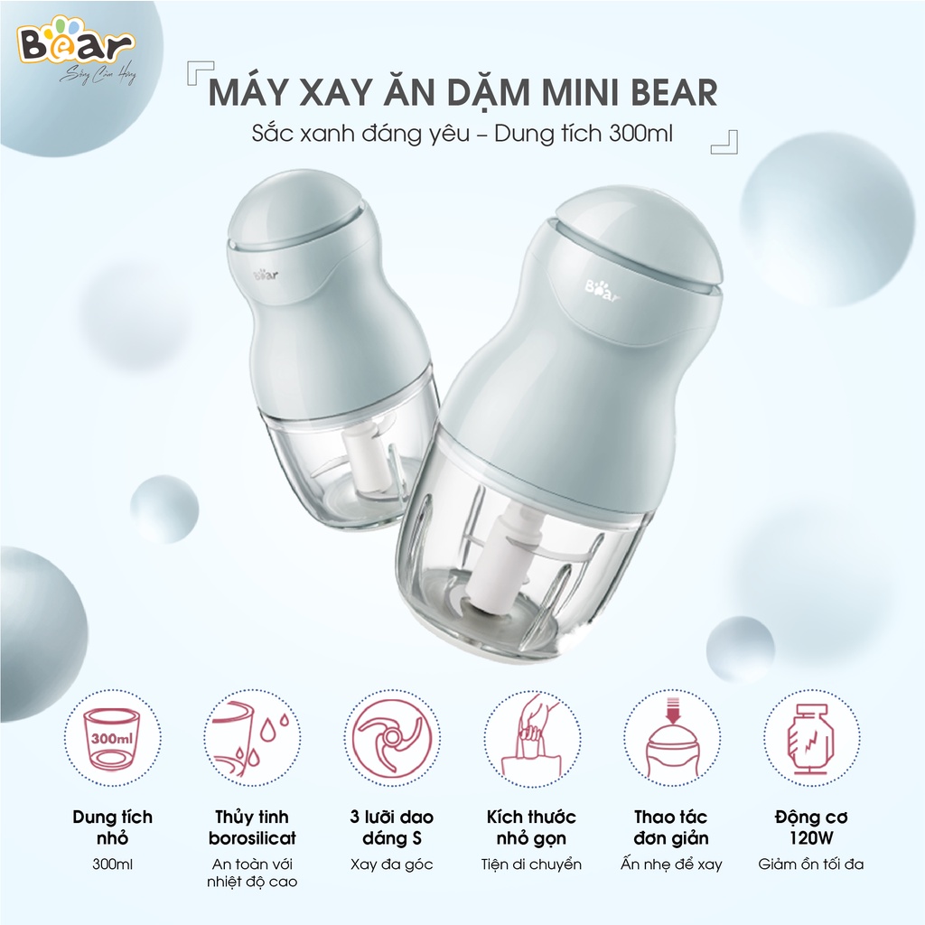 [ Hàng chính hãng] Máy Xay Ăn Dăm Cho Bé Bear Mini Cầm Tay Tiện Lợi B03V2 Thiết Kế 3 Lưỡi Dao Sắc Bén, Chất Liệu Thuỷ Tinh Borosilicat - Hàng chính hãng