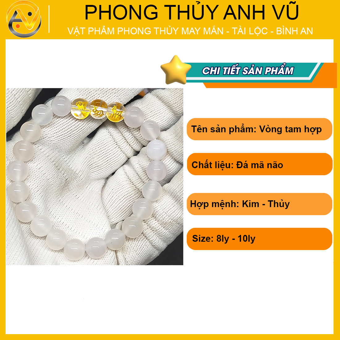 Vòng tam hợp hợi mão mùi đã khai quang - chất liệu mã não trắng tự nhiên - size 8 10ly - may mắn tài lộc - Vòng Tam Hợp Anh Vũ