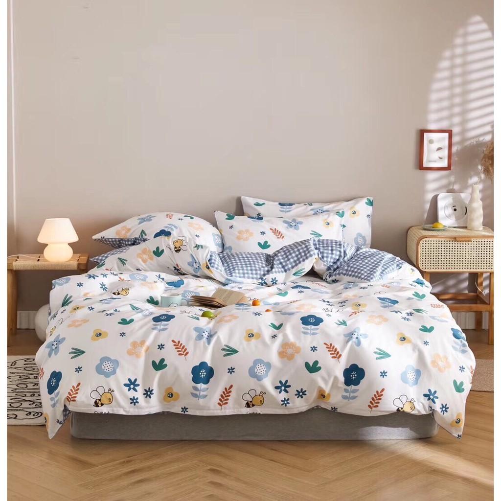 Bộ chăn ga gối Cotton poly M2T bedding Hoa ong xanh, vỏ chăn mền, drap giường và 2 vỏ gối