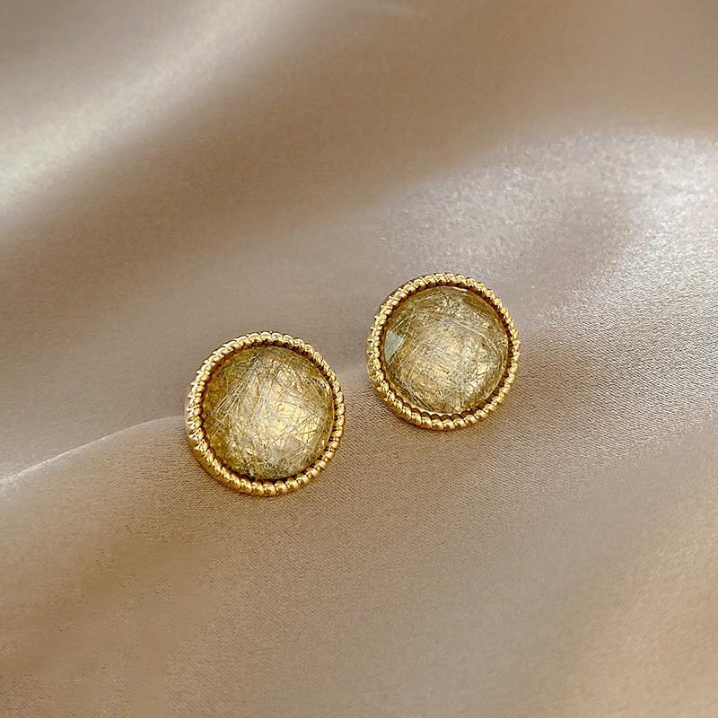 Bông tai nữ đính đá màu xanh khung viền kim loại thiết kế đơn giản sang trọng