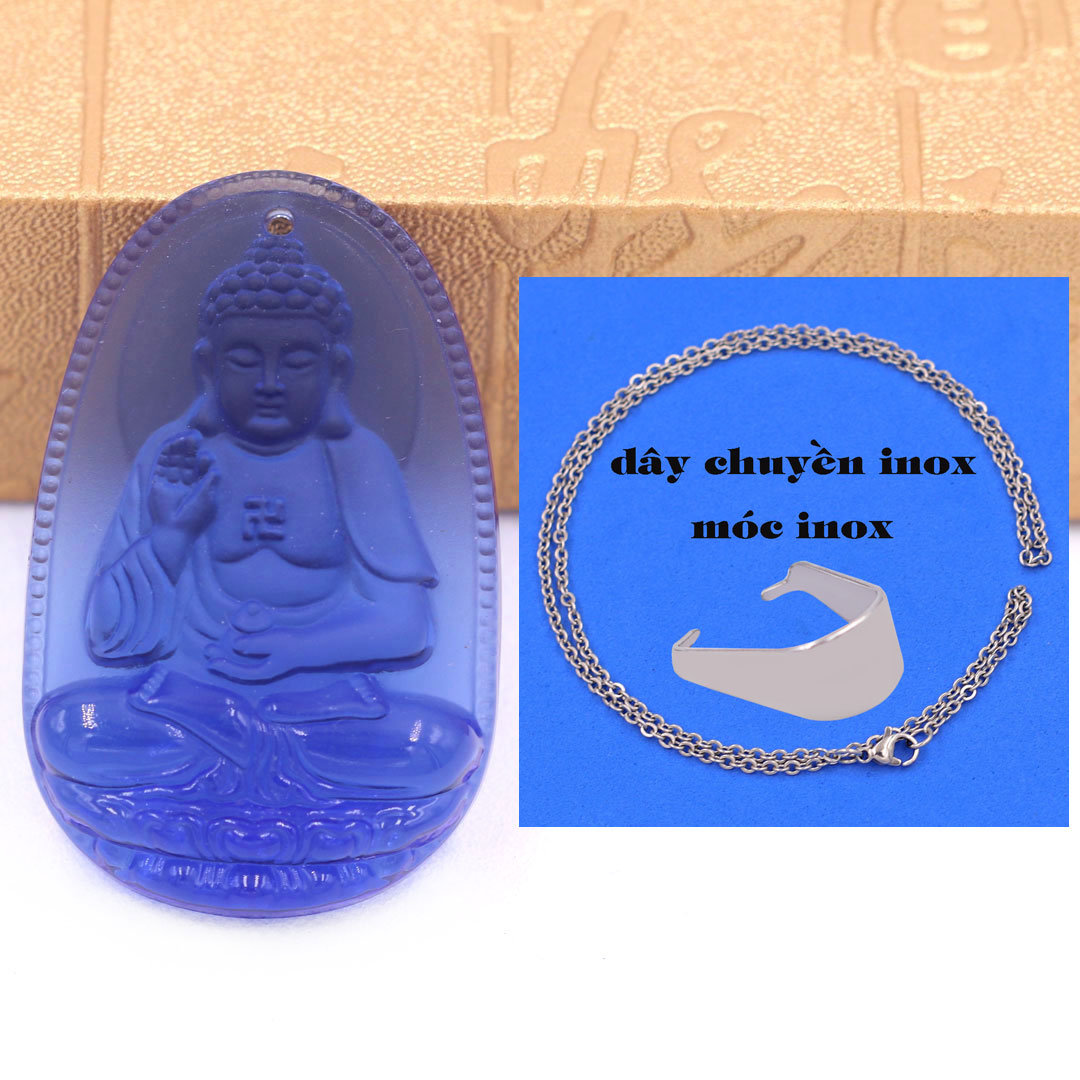 Mặt Phật A di đà 5 cm  thuỷ tinh xanh dương kèm móc và dây chuyền inox, Mặt Phật bản mệnh