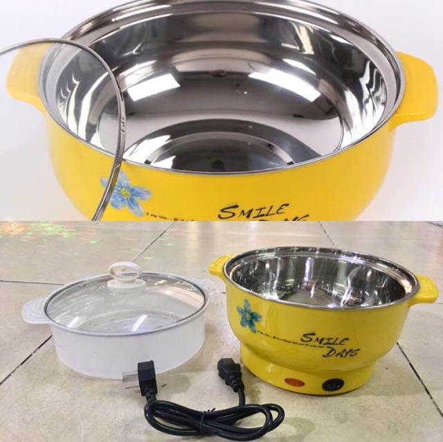 Nồi lẩu điện đa năng mini tròn kèm hấp xửng lòng chảo màu trắng inox 22cm màu vàng , hồng