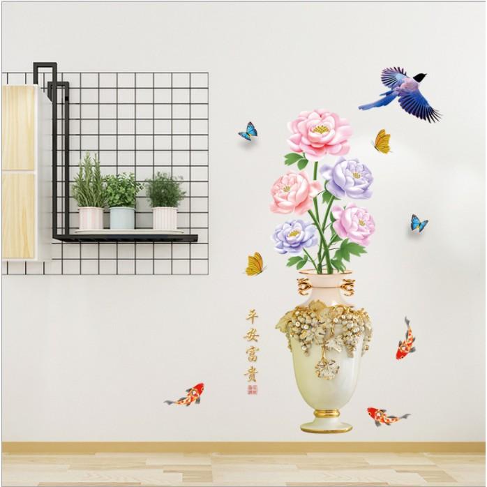 Decal trang trí bình hoa cá và bông sắc màu