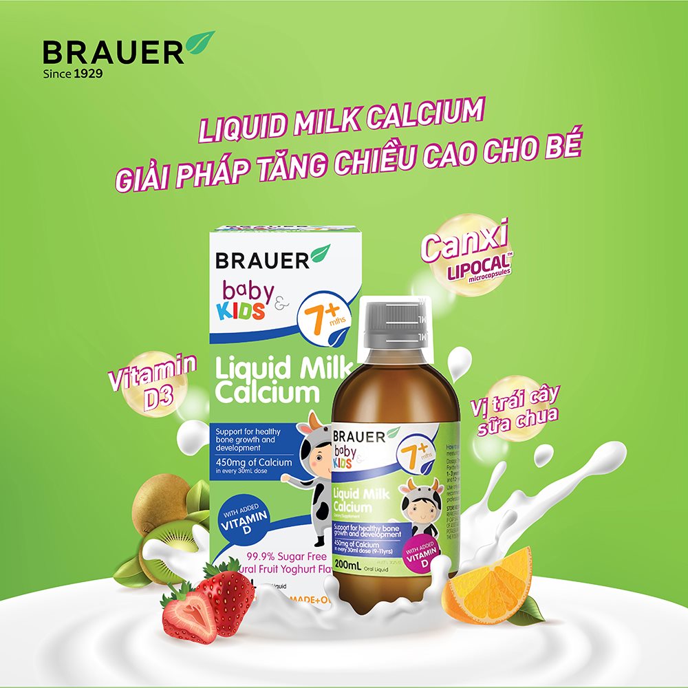 Canxi cho bé từ 7 tháng tuổi và Vitamin D Brauer Baby & Kids Liquid Milk Calcium giúp tăng chiều cao, xương và răng chắc khỏe - QuaTangMe Extaste