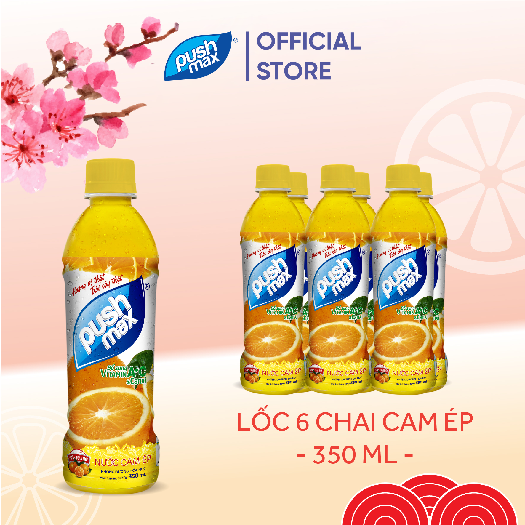 Lốc 6 Chai Nước Trái Cây Cam Ép Pushmax (350ml x 6 Chai)