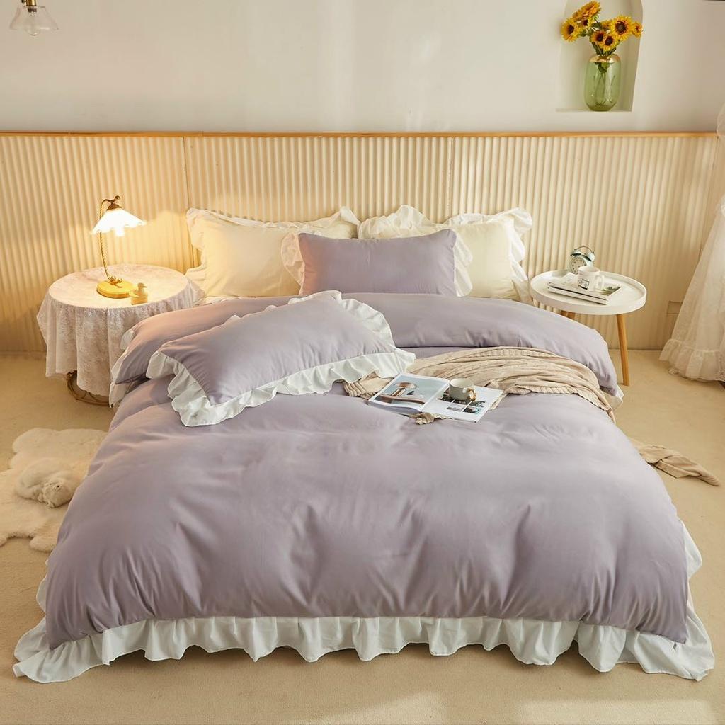 Bộ Chăn Ga Gối Cotton Tici Riềm Bèo Tím Nhạt