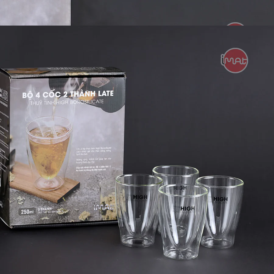 Bộ 4 Cốc LATE 2 Thành Thủy Tinh High Borosilicate Hai Lớp Cách Nhiệt, Chịu Nhiệt Cao, An Toàn Dùng