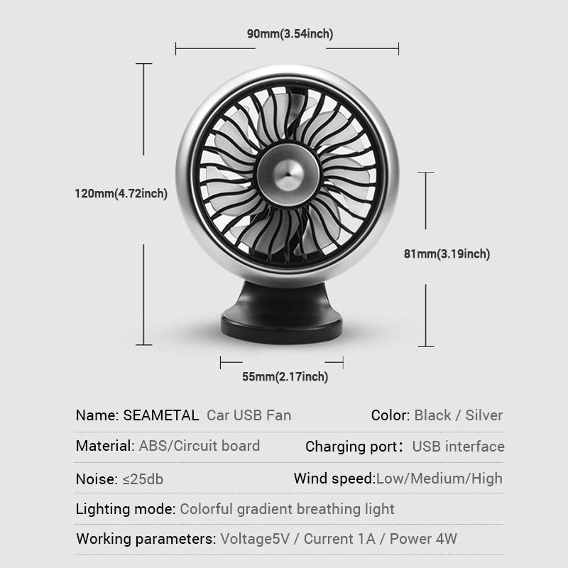 Xe ô tô điều chỉnh tốc độ phổ quát quạt nhỏ Điều khiển USB quạt làm mát đèn nhiều màu sắc