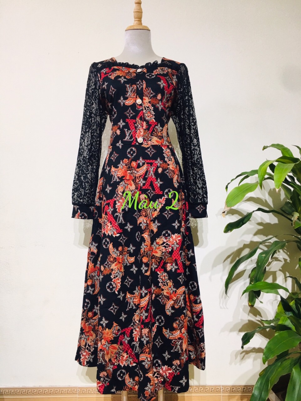 Đầm váy trung niên, đầm dự tiệc dáng xòe phối tay lưới mã 285