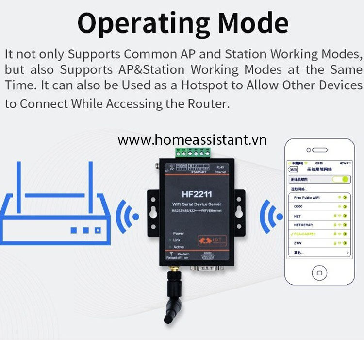 Bộ Định Tuyến Wifi Ethernet RS232 RS485 RS422 Modbus Elfin HF2211 (Hỗ trợ HomeAssistant)