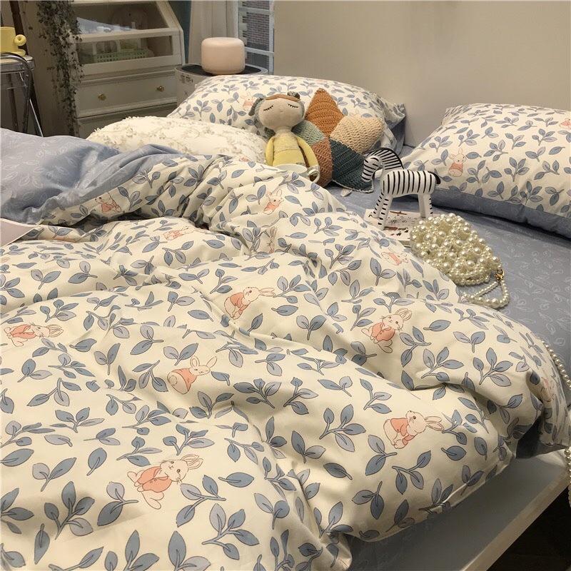 Bộ Chăn Ga Gối Cotton Living 100%cotton Hàng Nhập Khẩu Cao Cấp 4 Món Hoa Nhí Xanh Vintage