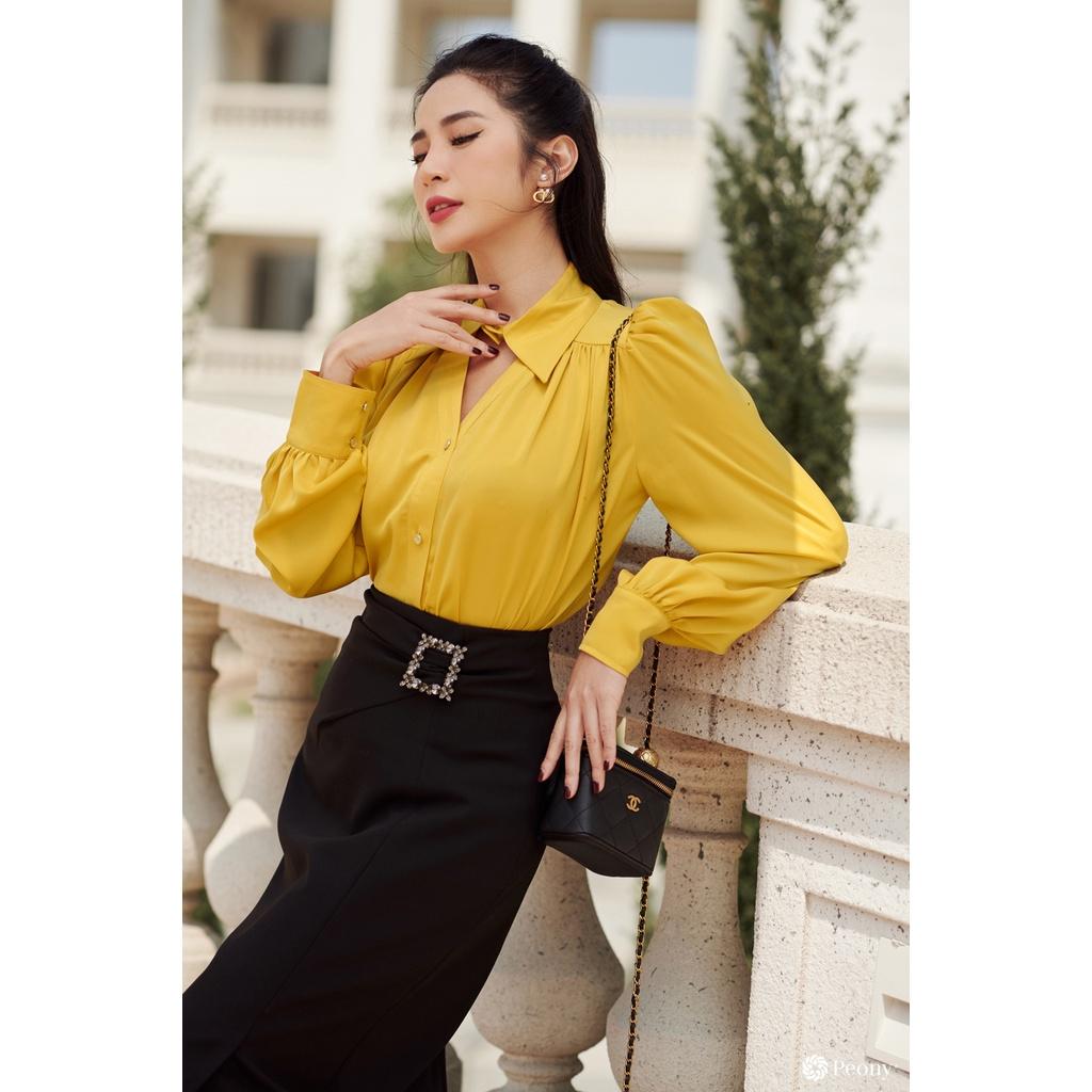 Áo sơ mi nữ cổ đức công sở tông vàng rực rỡ, cổ khoét tinh tế, vai bồng tiểu thư Peony - TENSIA TOP