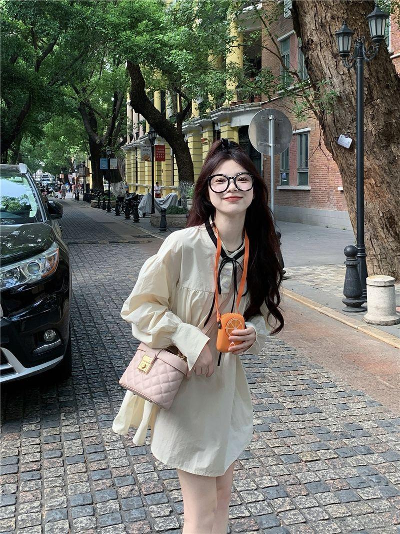 SHUANGYAN 2023 Pháp Vintage ren-up bong bóng tay áo đầm mùa xuân và mùa thu nữ dài tay áo lỏng lẻo váy ngắn ẩm ướt