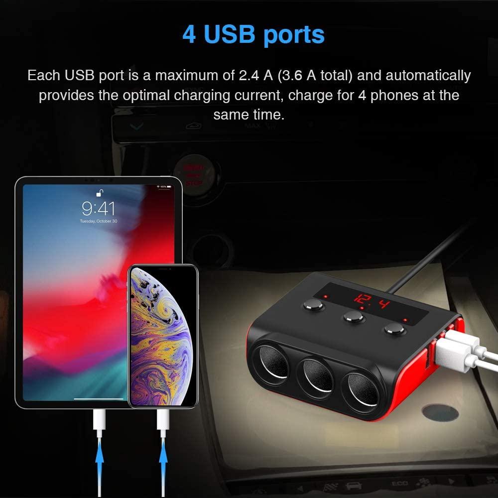 Bộ sạc xe hơi USB Sạc nhanh Bộ sạc nhẹ hơn 12V/24V 3.6A 100W, 4 cổng USB Splitter 3 ổ cắm với màn hình điện áp 3 công tắc độc lập màu đỏ