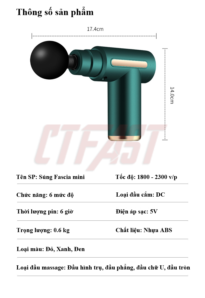 Máy massage mini cầm tay CTFAST-720: Mát xa 6 cấp độ, hỗ trợ maassage chuyên sâu, giảm đau cơ, cứng khớp hiệu quả nhanh chóng, đi kèm 4 đầu chuyên dụng - Quà tặng cho sức khỏe