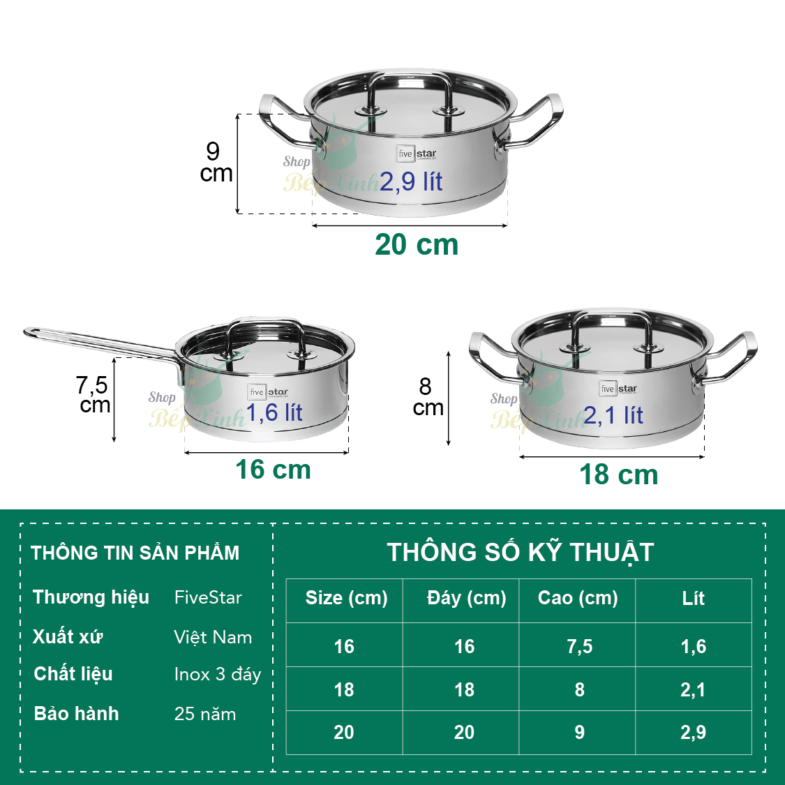 Bộ nồi quánh 3 đáy inox 430 Fivestar Standard bếp từ nắp inox , tặng 5 muỗng
