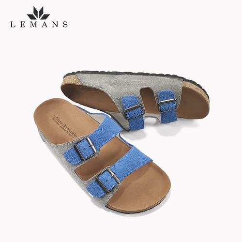 Dép Da Nubuck Phối 2 màu Xanh-Xám Đế Trấu Quai Ngang LEMANS May Sandals - Blue&amp;Grey. Quai điều chỉnh. Bảo hành 6 Tháng