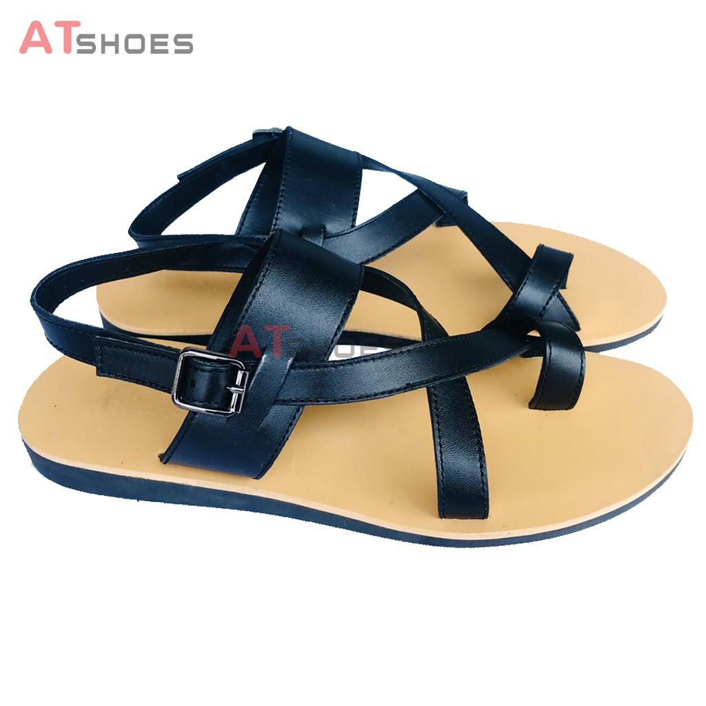 Dép Sandal Unisex cc Da Bò Thật Sandal xỏ ngón nam nữ chuẩn kiểu HQ Trẻ Trung - XDxn203(Đen- đế vàng)