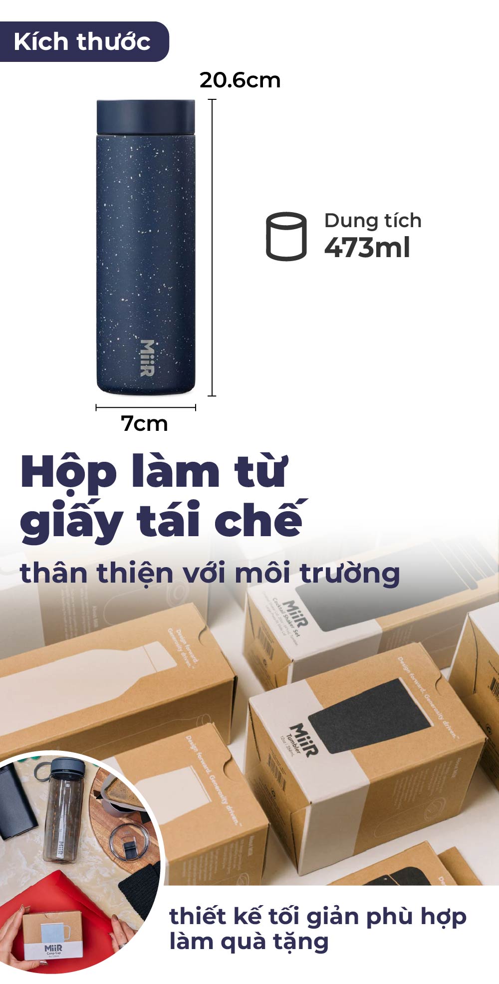 Bình giữ nhiệt MiiR 360 Traveler nắp ấn chống tràn uống từ 4 phía thương hiệu Mỹ nhập khẩu chính hãng