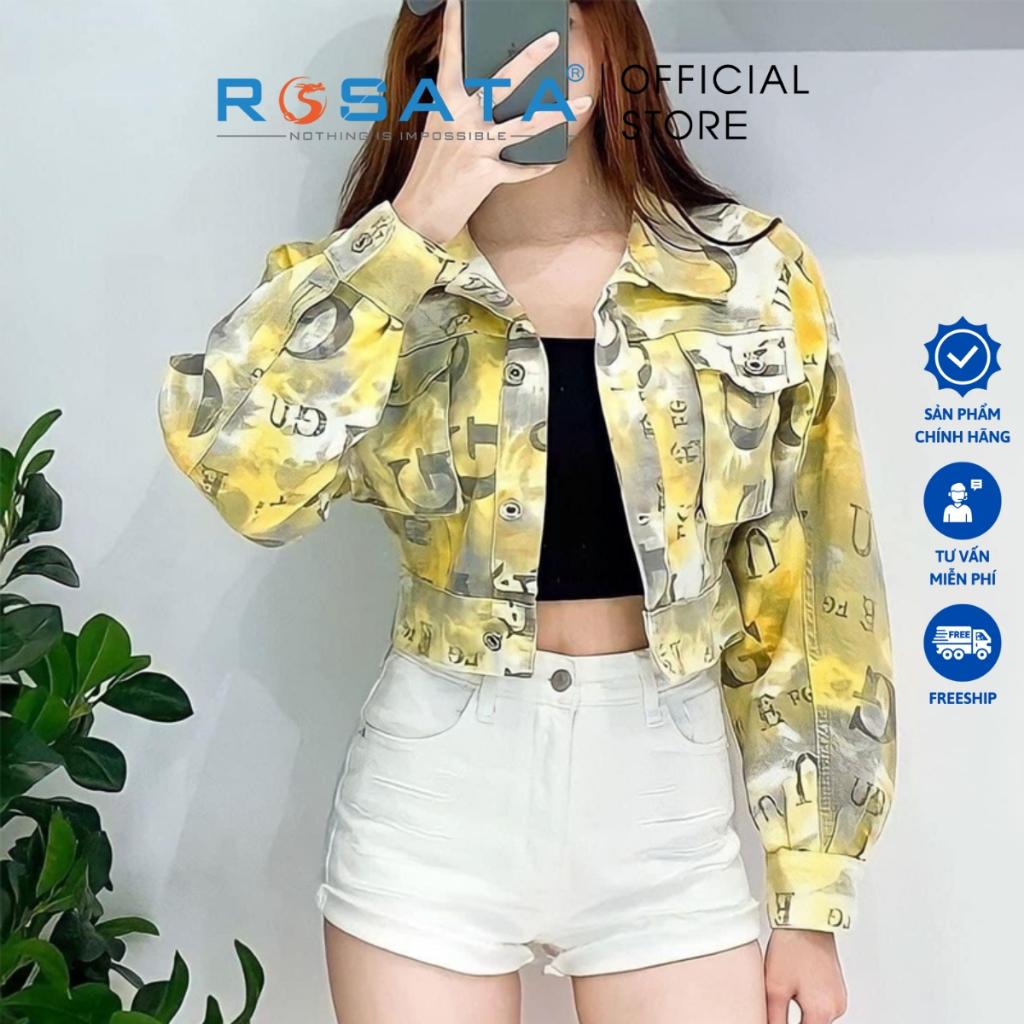 Áo khoác nữ ROSATA K05 croptop jeans tay dài Freesize in họa tiết mix dạo phố màu vàng cao cấp xuất xứ Việt Nam