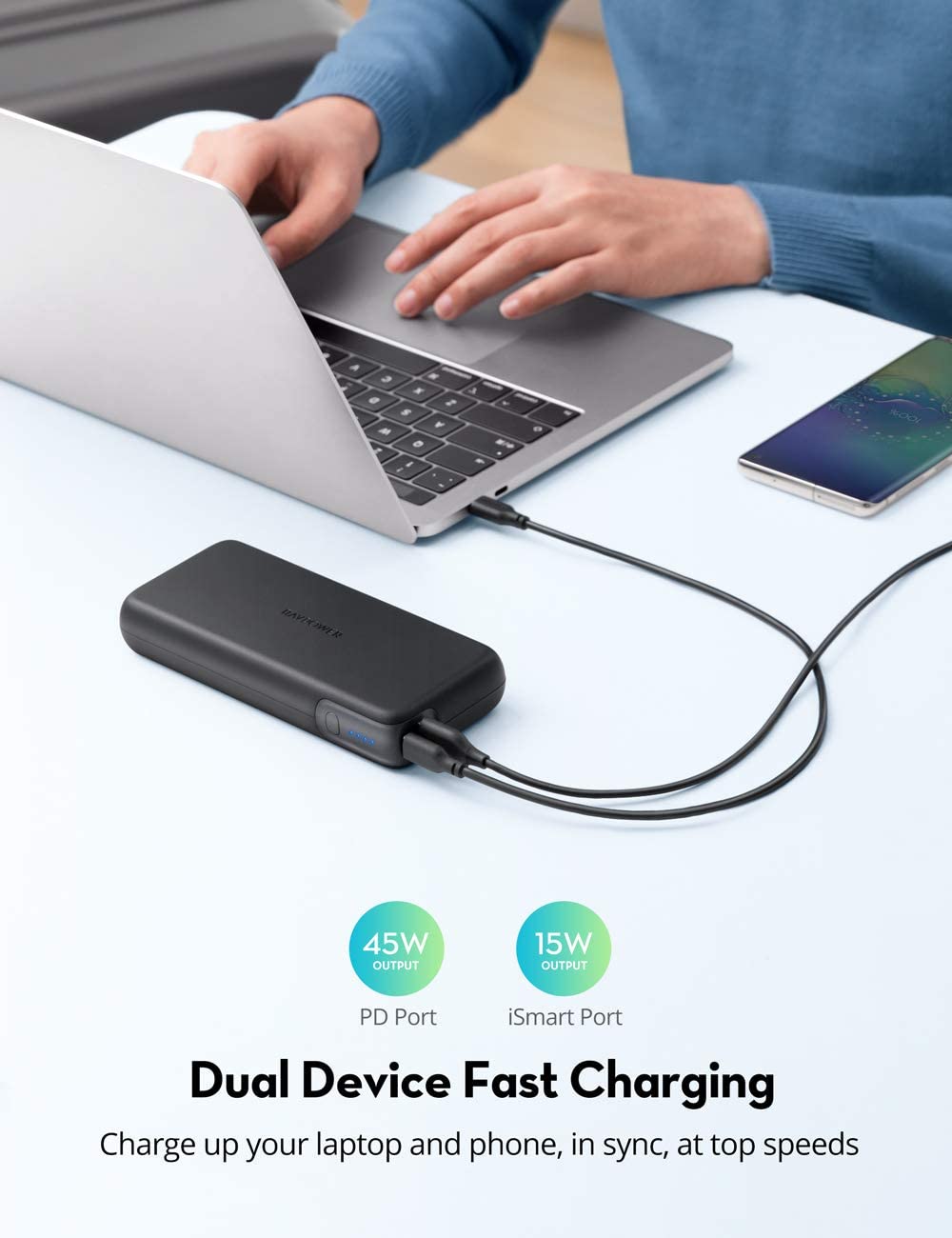 Hình ảnh Pin Sạc Dự Phòng RAVPower 20000mAh Quick Charge 3.0 + PD 60W, In/Out Type-C, Sạc Được Macbook - RP-PB201 - Hàng Chính Hãng