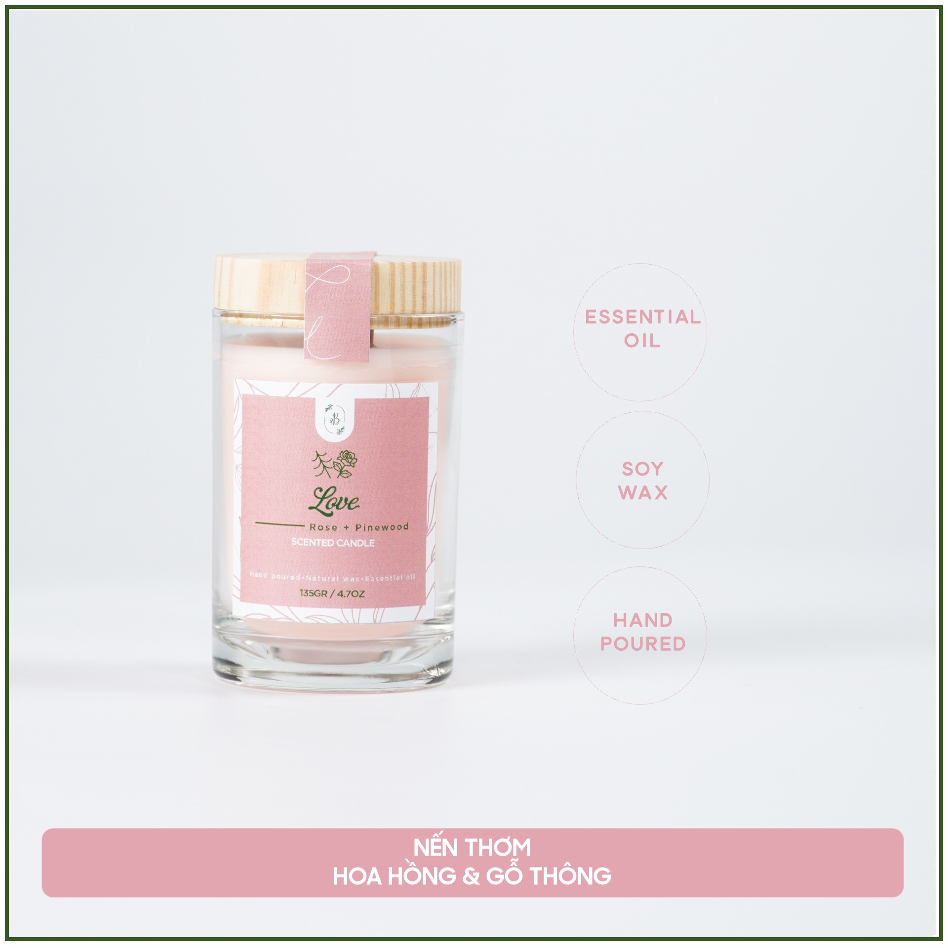 Nến thơm hương hoa hồng tinh dầu thiên nhiên cao cấp - Bấc gỗ, không khói - Sáp nành [Love Candle]