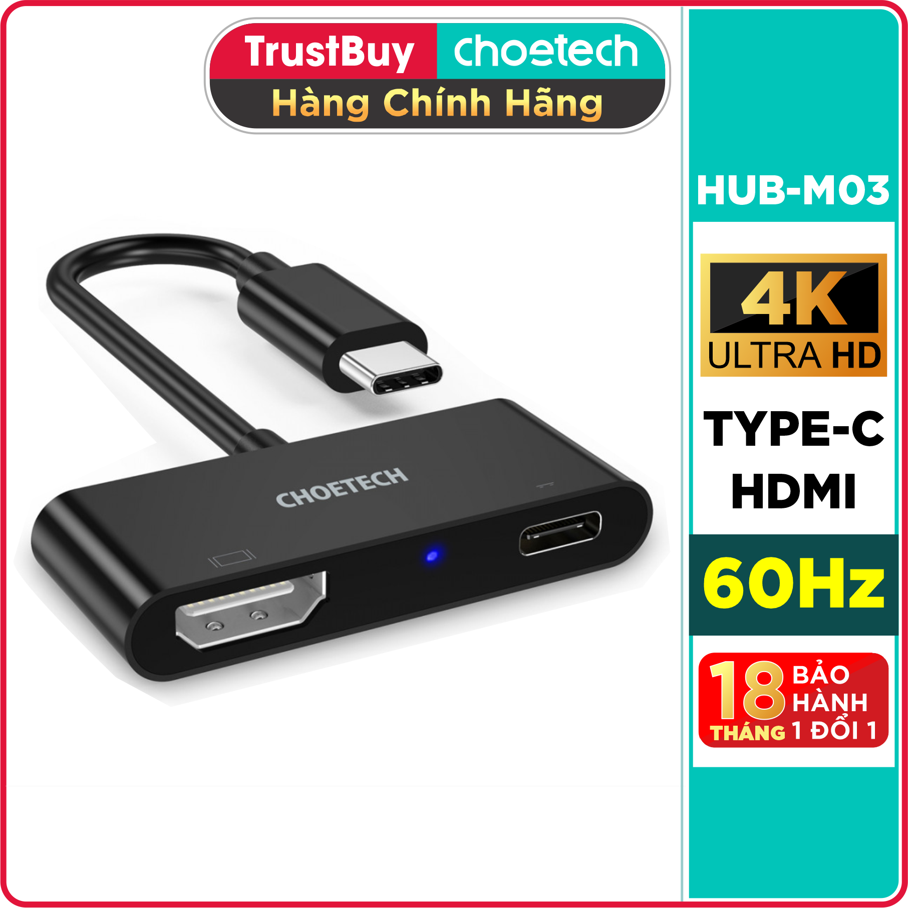 Hub Adapter Chuyển Đổi 2 Cổng USB Type C To HDMI 4K 60Hz Và PD 60W  CHOETECH HUB-M03 - Hàng Chính Hãng