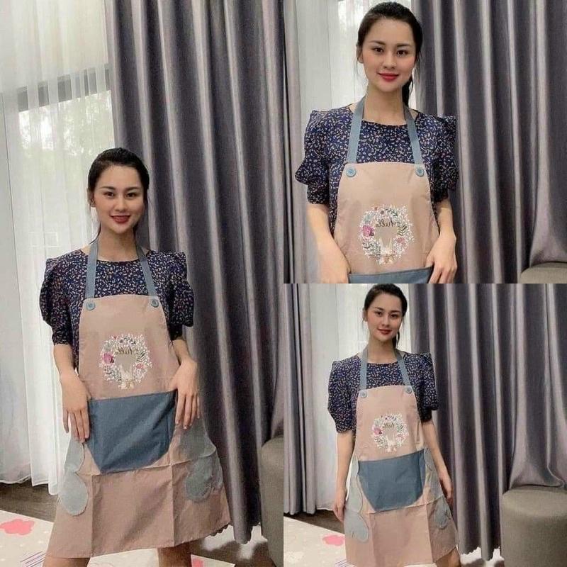 Tạp dề nấu ăn hoạ tiết hoa thỏ chống nước có túi