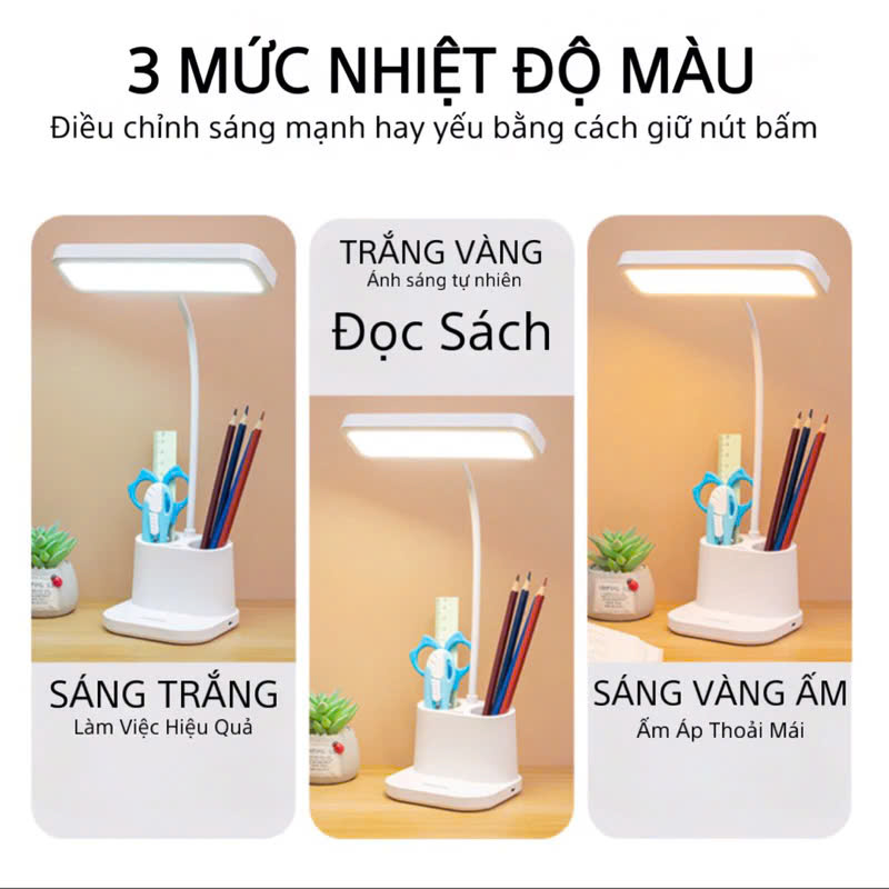 Đèn Học Để Bàn P9 800Lux 3 Chế Độ Ánh Sáng Trắng – Vàng – Trắng Vàng Có Hộc Đựng Bút