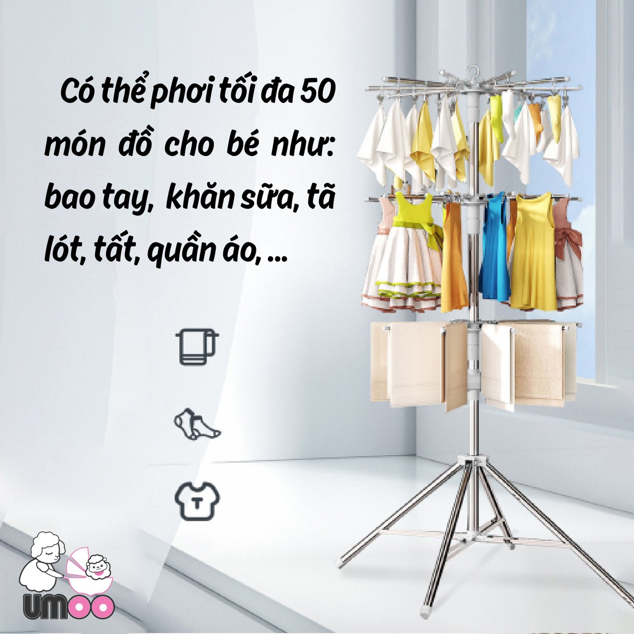 Gía Phơi Quần Áo Inox 3 Tầng Cho Bé, Có Thể Gấp Gọn