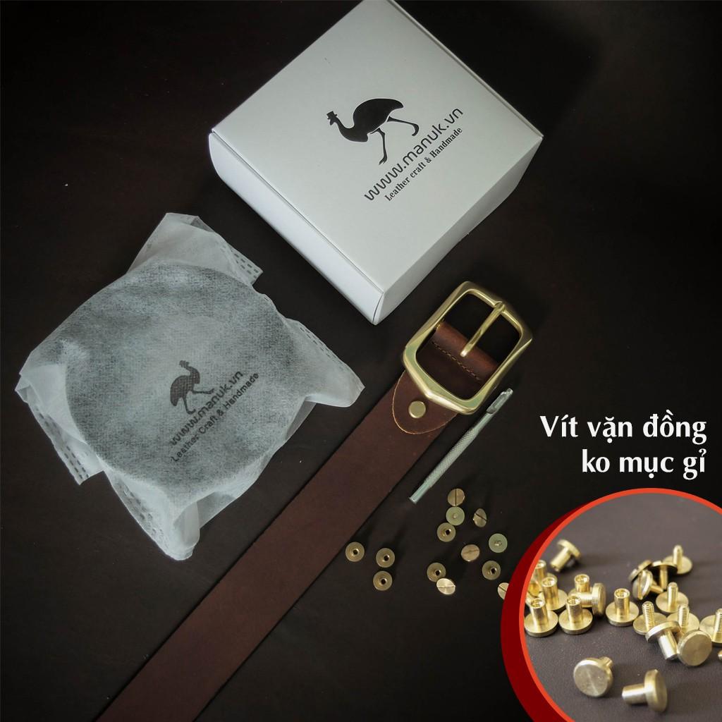 Thắt lưng nam da bò nguyên miếng Manuk, khoá đồng SolidBrass | Tặng đục | Bảo hành 12 tháng | Mã BVN2S