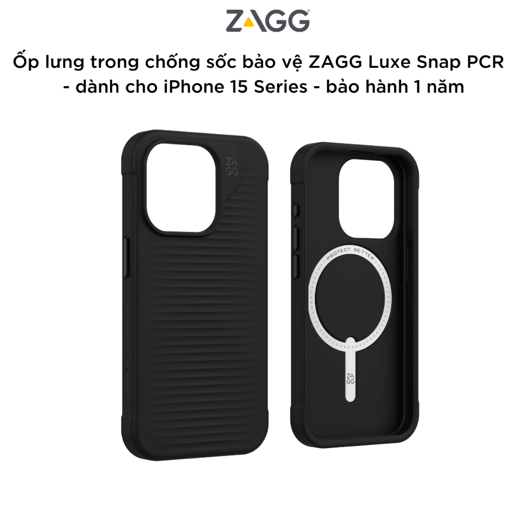 Ốp lưng chống sốc bảo vệ ZAGG Luxe Snap PCR, tương thích sạc cho iPhone 15 Series, bảo hành 1 năm - Hàng chính hãng