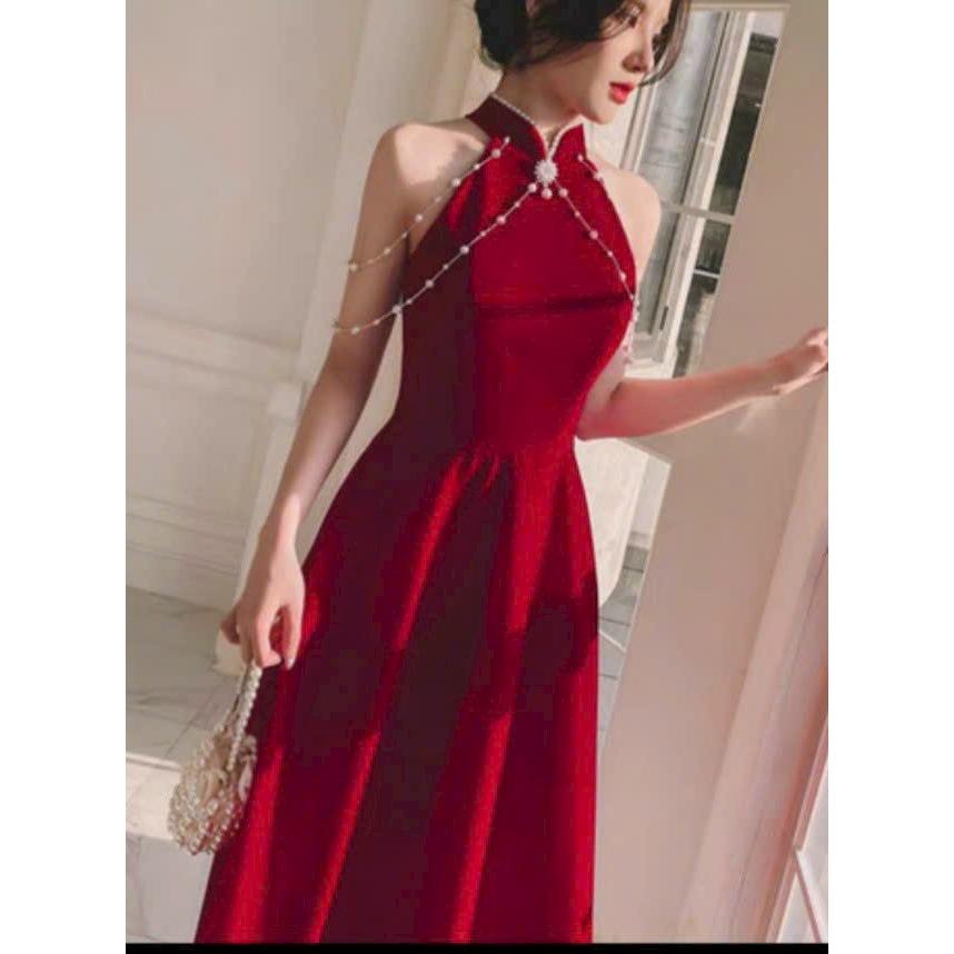 Đầm xoè dự tiệc cổ tàu kết cườm kèm ghim cài