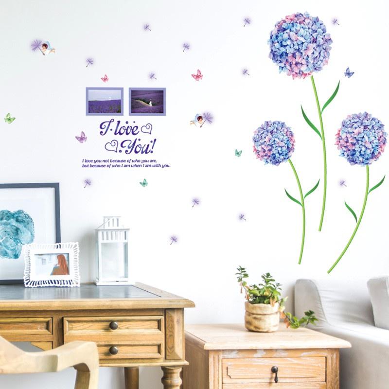 Decal Dán Tường chi tiết hoa Cẩm Tú Cầu xanh tím