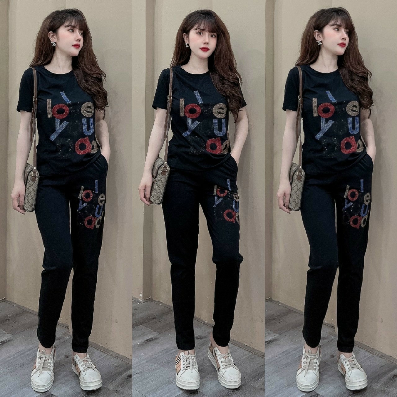 Đồ bộ thun cotton đính đá kí tự siêu sang MS07